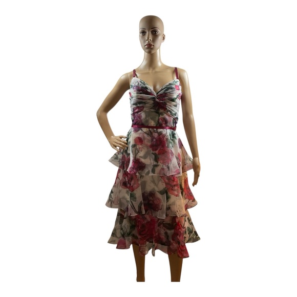 Marchesa Notte Dresses & Skirts - Marchesa Notte WomenFloral Tiered WhitePink Ruffle Fit & Flare Midi Dress Size 6
